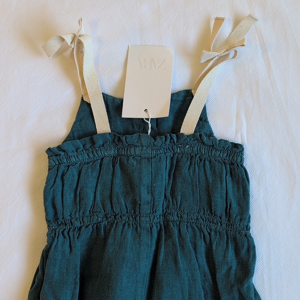 Zara Kids Girls NWT 100% Linen Jumpsuit Teal Green 1.5Y - Picture 8 of 8